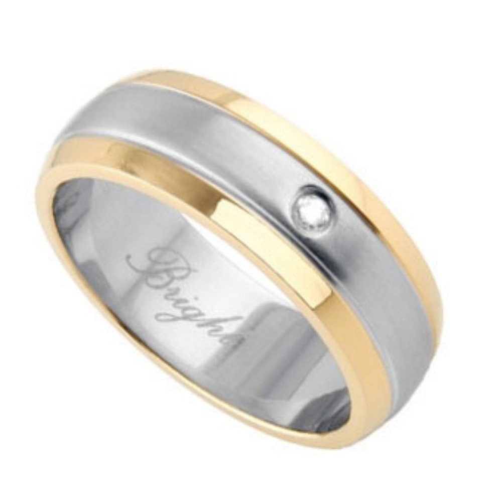 Stainless Steel Center w/ Gold Rims & CZ Stone 316L Stainless Steel Wedding Band